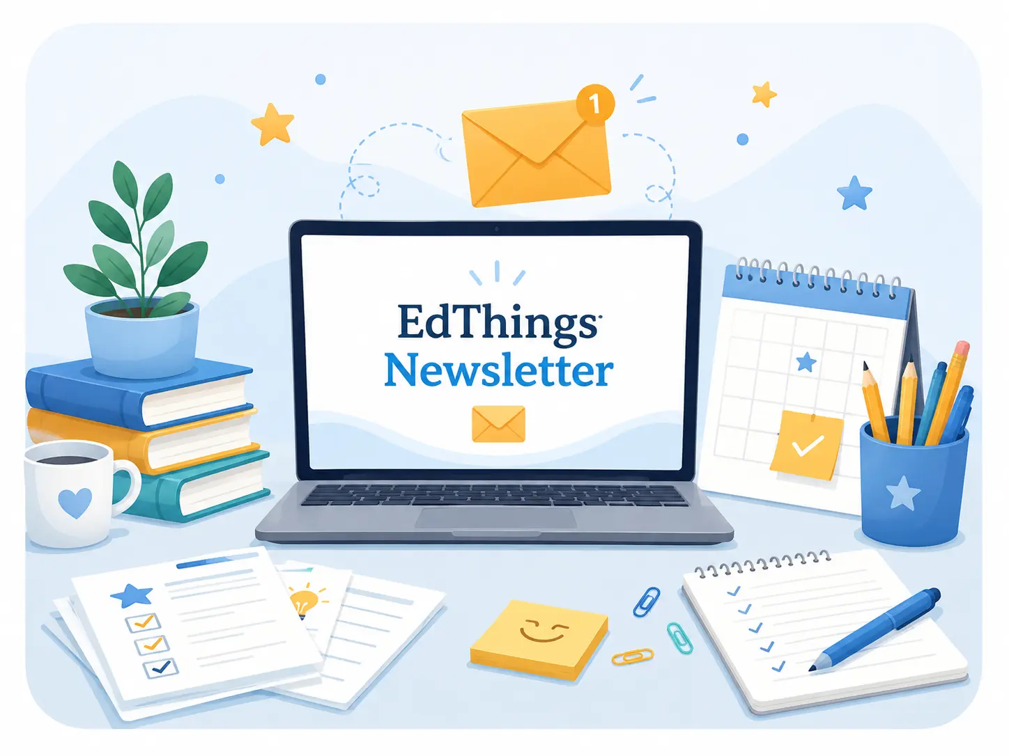 Teacher desk with an EdThings newsletter on a laptop, classroom printables, a calendar, and planning supplies