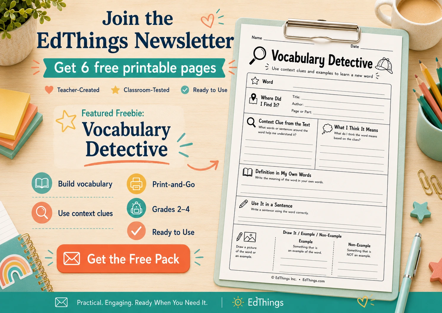 Preview of the free EdThings Vocabulary Detective printable worksheet