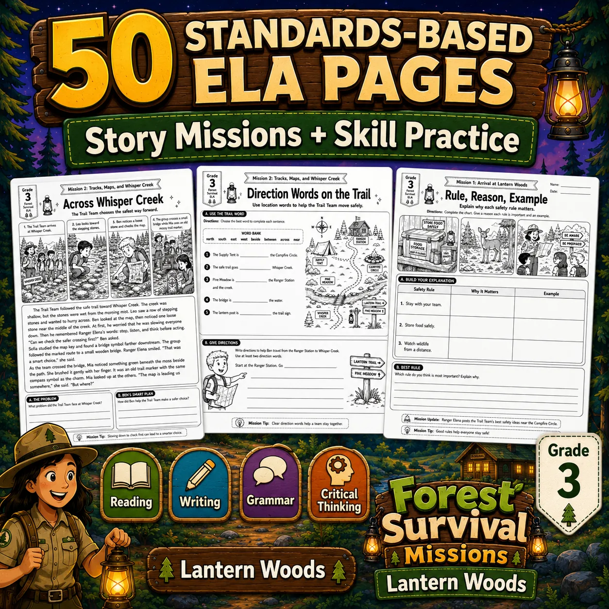 Forest Survival Missions Lantern Woods Grade 3 ELA Worksheets preview image from EdThings