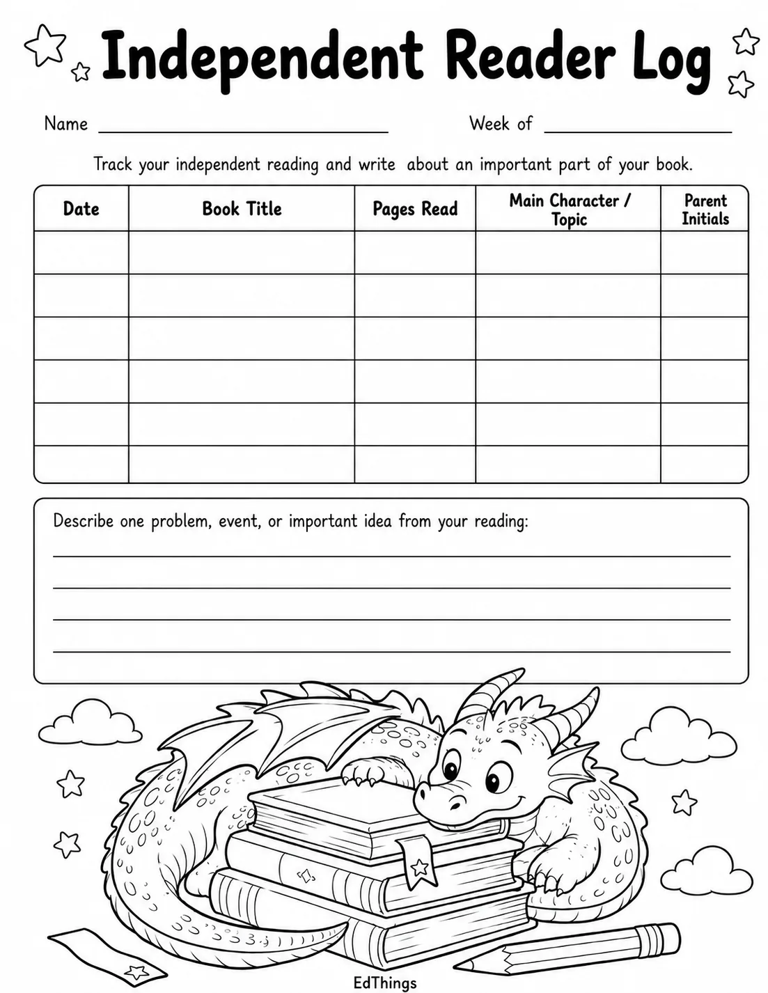 Free Reading Logs for K5 Printable Weekly Reading Trackers preview image from EdThings