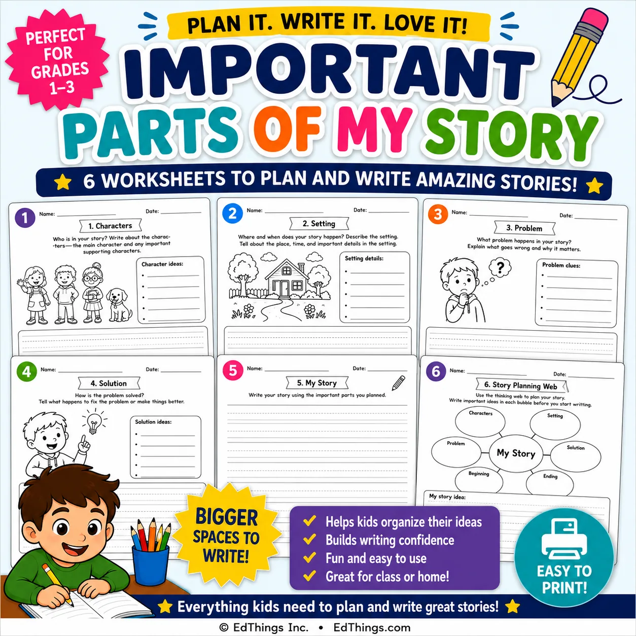 Important Parts of My Story Characters Setting Problem Solution Writing cover image from EdThings