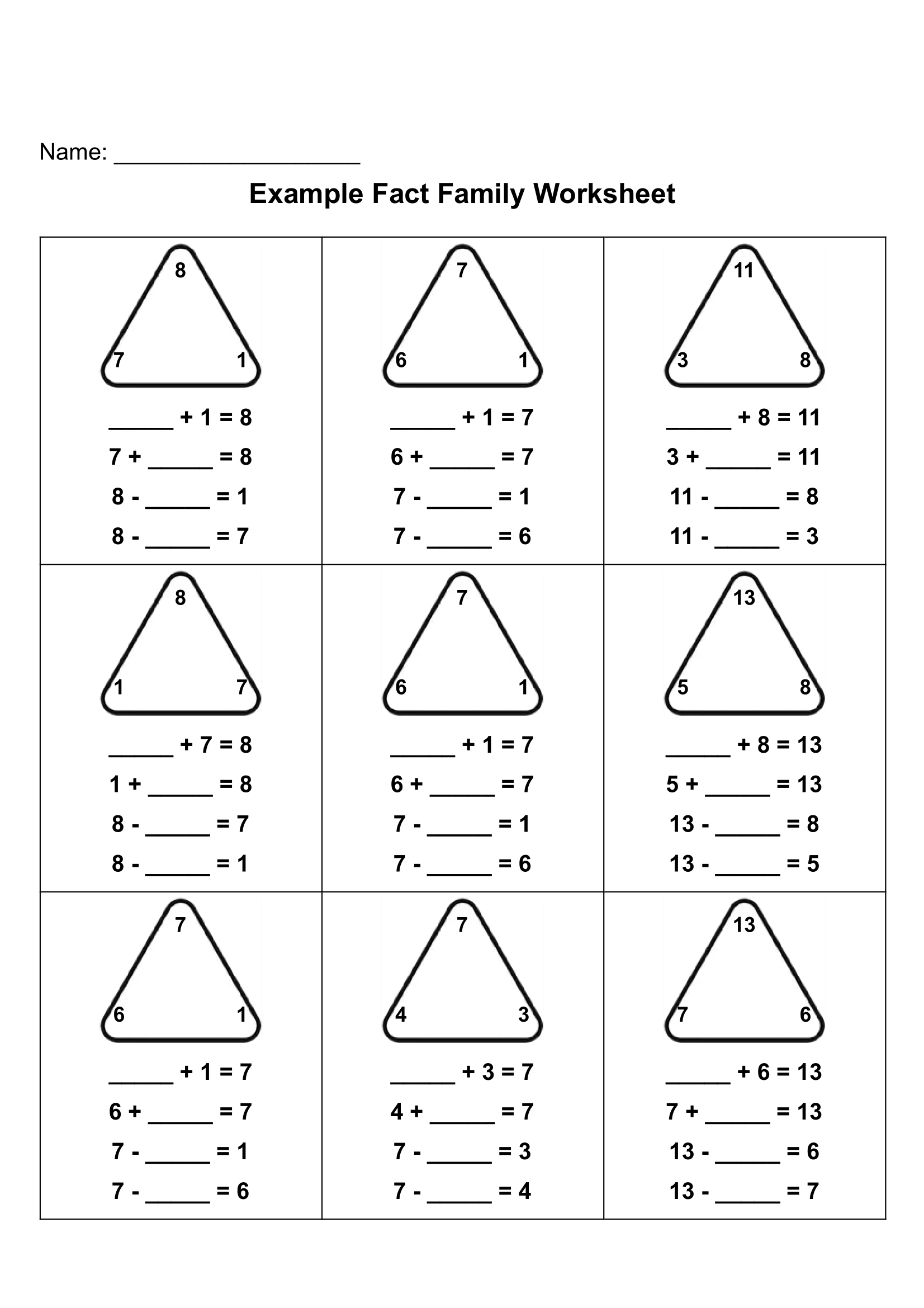 Fact family worksheet preview with triangle clues and answer lines.