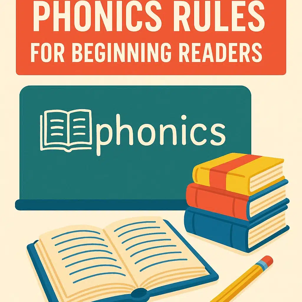 Illustrated phonics rules graphic with books and a chalkboard.