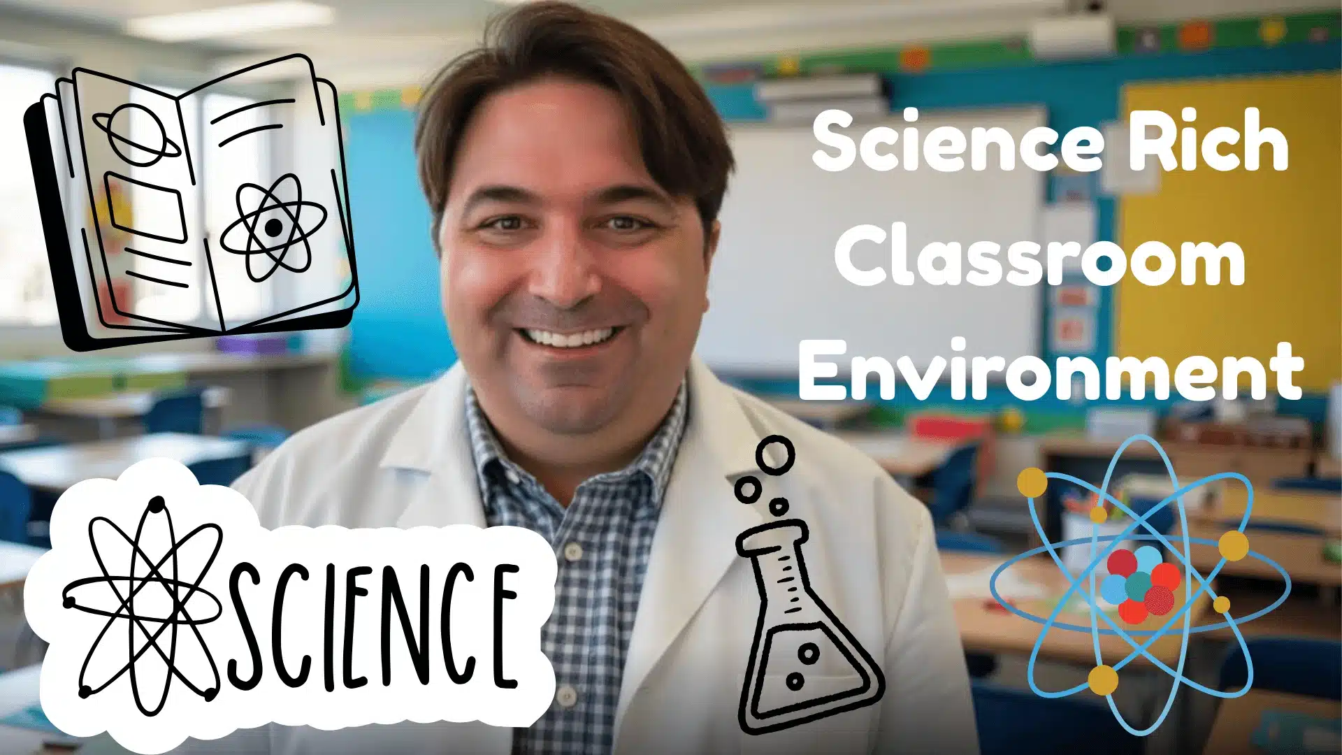 A smiling teacher in a white lab coat stands at the front of a colorful science classroom, decorated with illustrated icons of a beaker, atom, and science book. The background features neatly arranged desks, bulletin boards, and vibrant educational posters, creating a welcoming and engaging science classroom environment.