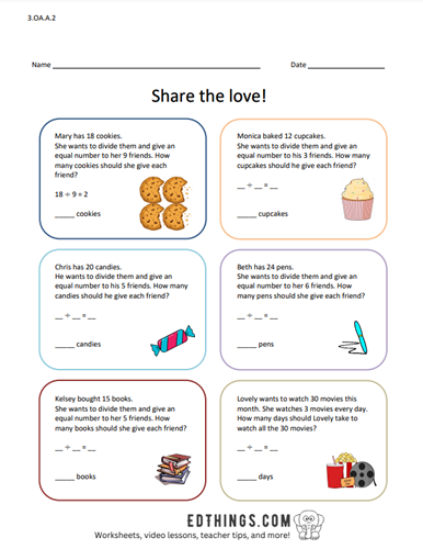 Link to Math Worksheets Division with Wordproblems 3.OA.A.2