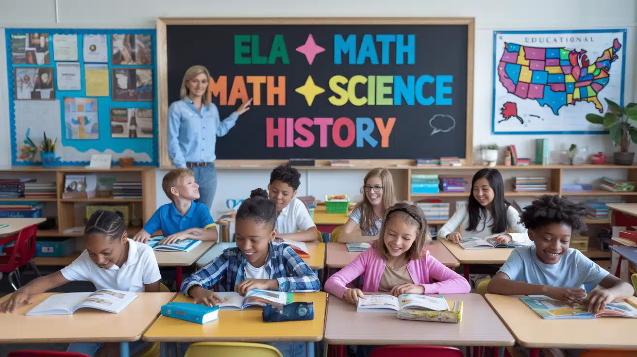 A diverse group of 5th-grade students reading books in a classroom, with a teacher standing in front of a blackboard displaying 5th Grade California Standards subjects: ELA, Math, Science, and History.