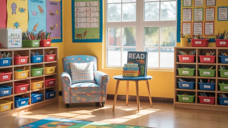 Bright elementary classroom with colorful bins and a cozy reading area, showing effective back-to-school strategies for organization and student engagement.