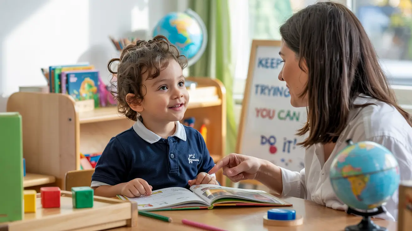Parent encouraging young child during reading time with motivational classroom poster in background—designed to motivate a child to learn.
