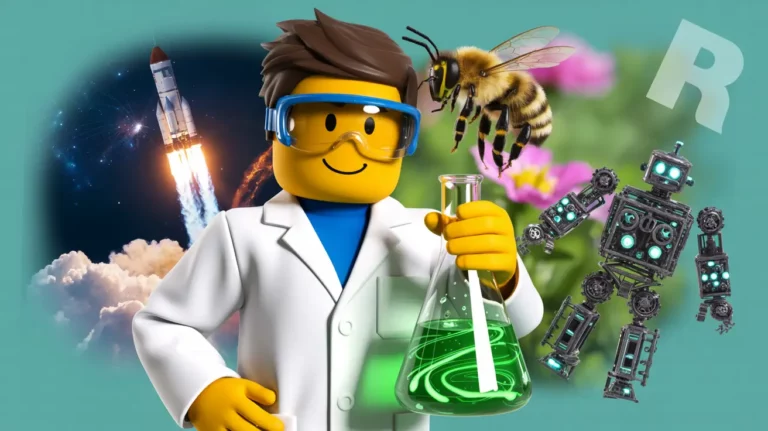 Roblox science games illustration featuring a Roblox character in a lab coat holding a green beaker, with a rocket launch, bee, and robot in the background.