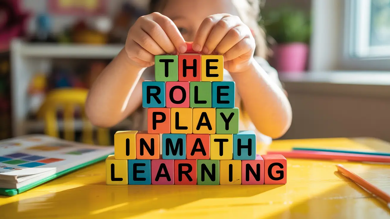 Child stacking colorful blocks that spell out “The Role Play in Math Learning”