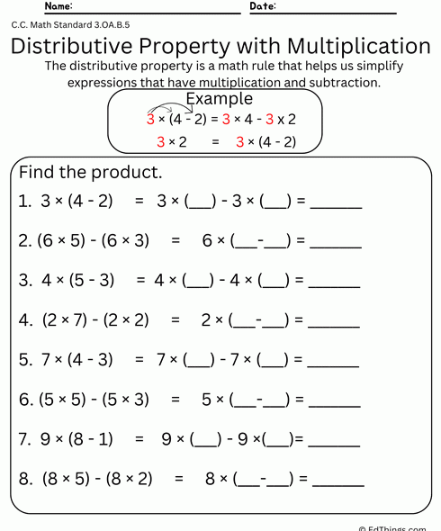 Distributive Property Multiplication with Subtraction