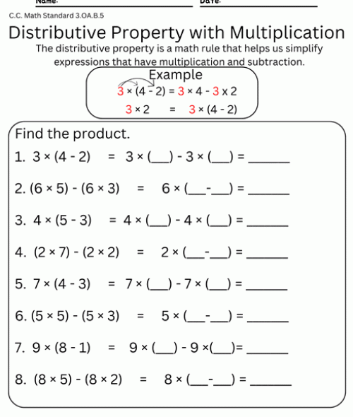 Distributive Property Multiplication with Subtraction