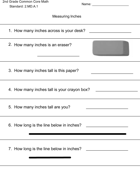 2nd Grade Downloadable Math Worksheet Standard 2.MD.A.1 Measuring Inches