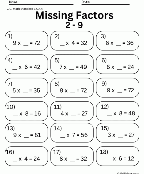 Missing Factors 1 3.OA.B.4 7011