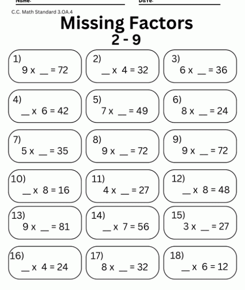 Missing Factors 1 3.OA.B.4 7011