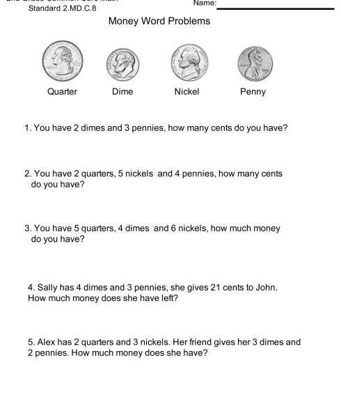 Money Word Problems 2.MD.C.8 Worksheet 1