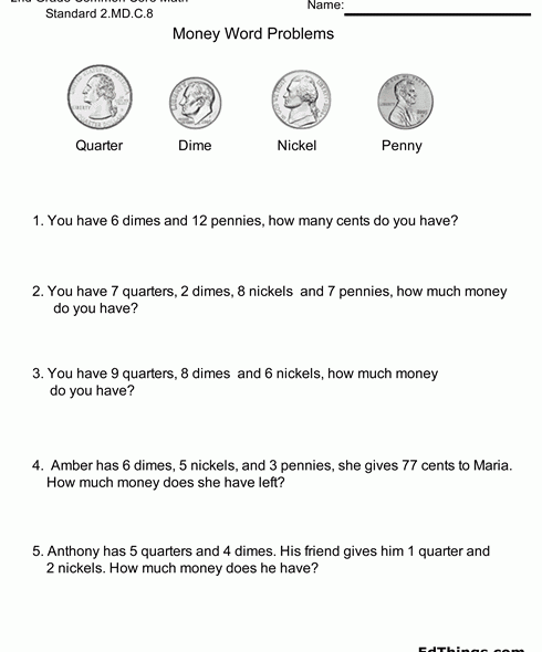 Money Word Problems Worksheet #2 Common Core Standard 2.MD.C.8 Coins