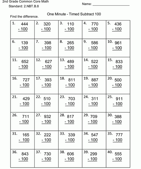 Subtract 100 2.NBT.B.8 Worksheet 6889
