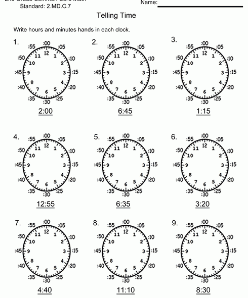 2nd Grade Telling Time Write in the Hands Worksheet #1 Standard 2.MD.C.7 Download printable free