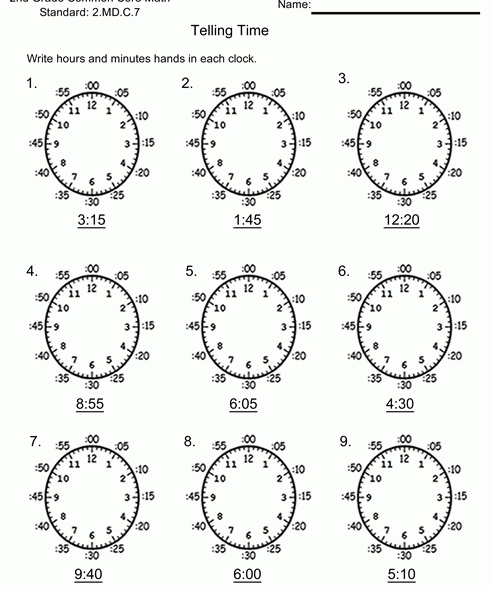 2nd Grade Telling Time Write in the Hands Worksheet #3 download standard 2.MD.C.7