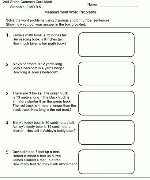 2nd Grade Worksheets Free Standard 2.MD.B.5 Measuring Word Problems